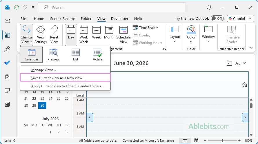Save a custom calendar view in Outlook.
