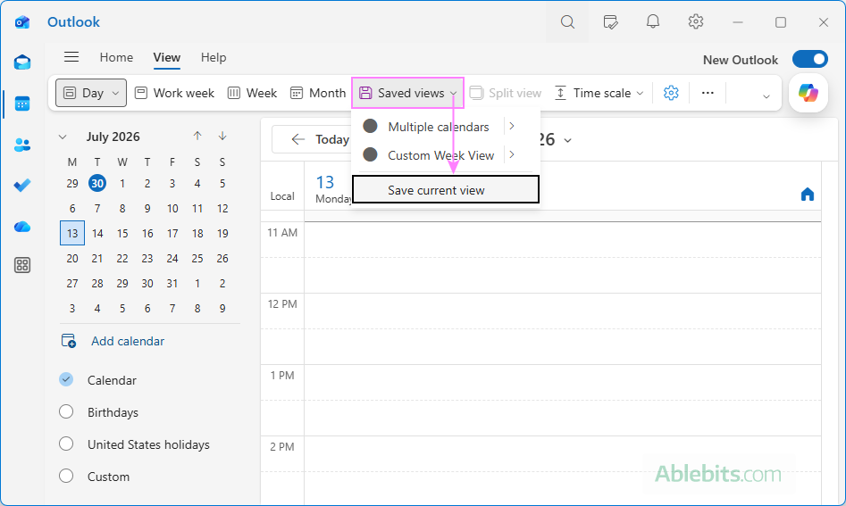 Save and reuse custom calendar views in Outlook.