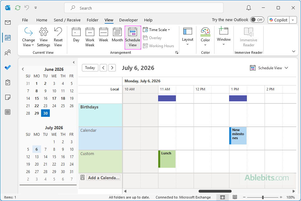 Schedule view in Outlook calendar