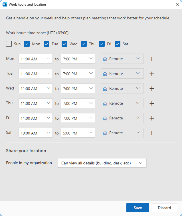 Change your workdays and working hours in classic Outlook.
