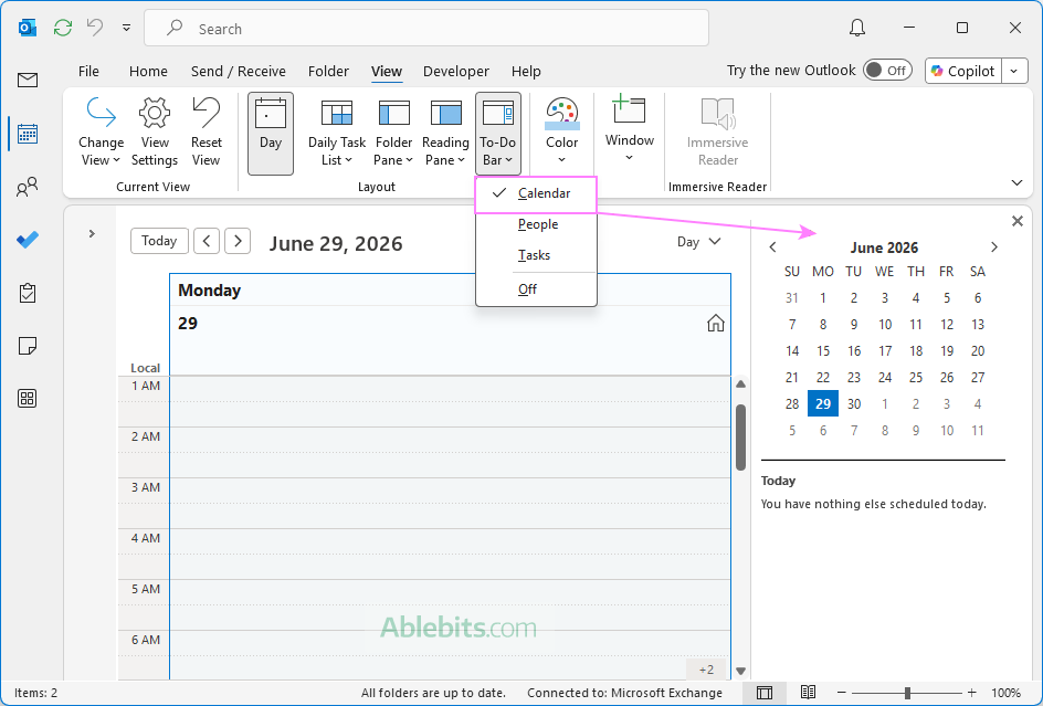 Open the calendar pane on the right side of Outlook.