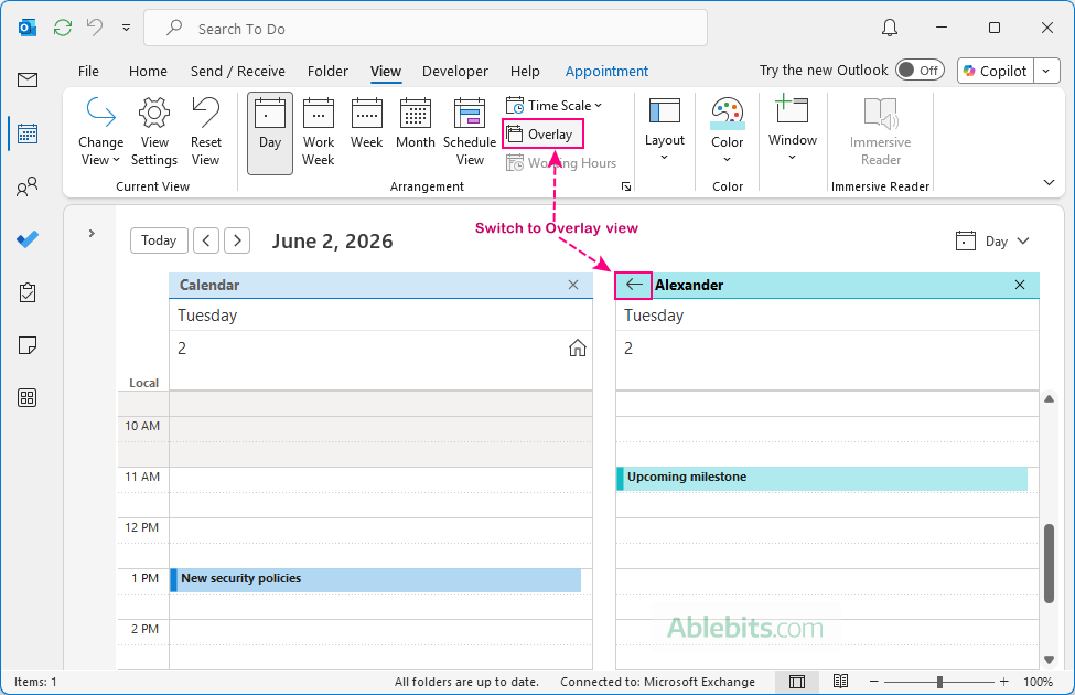 Switch from Outlook calendar Split view to Overlay view.