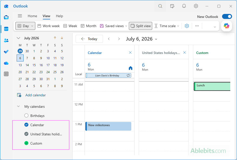 View multiple calendars in Outlook.