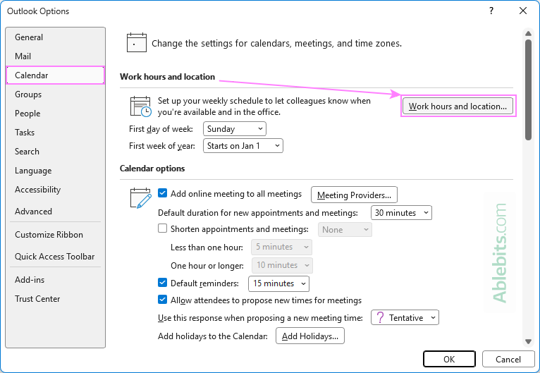 Open the Work hours and location settings in Outlook.