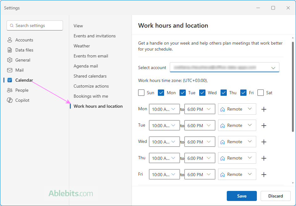 Set workdays and working hours in the new Outlook calendar.
