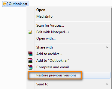 Right click on the Outlook.pst file and select Restore Previous Versions.