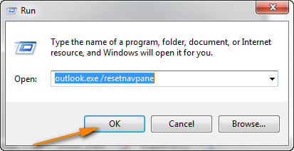 Type the outlook.exe /resetnavpane command and click OK.