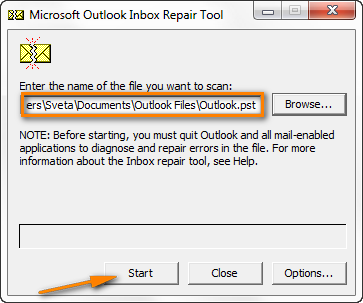 Click the Start button to start scanning your PST file for errors.