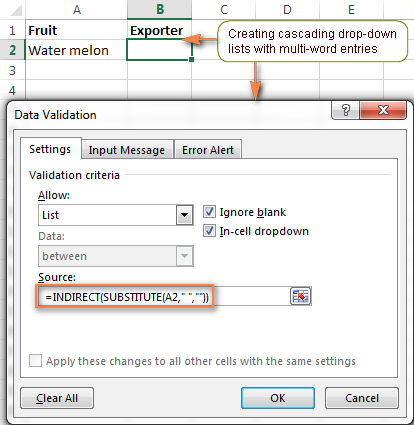 Creating a cascading drop-down list with multi-word entries