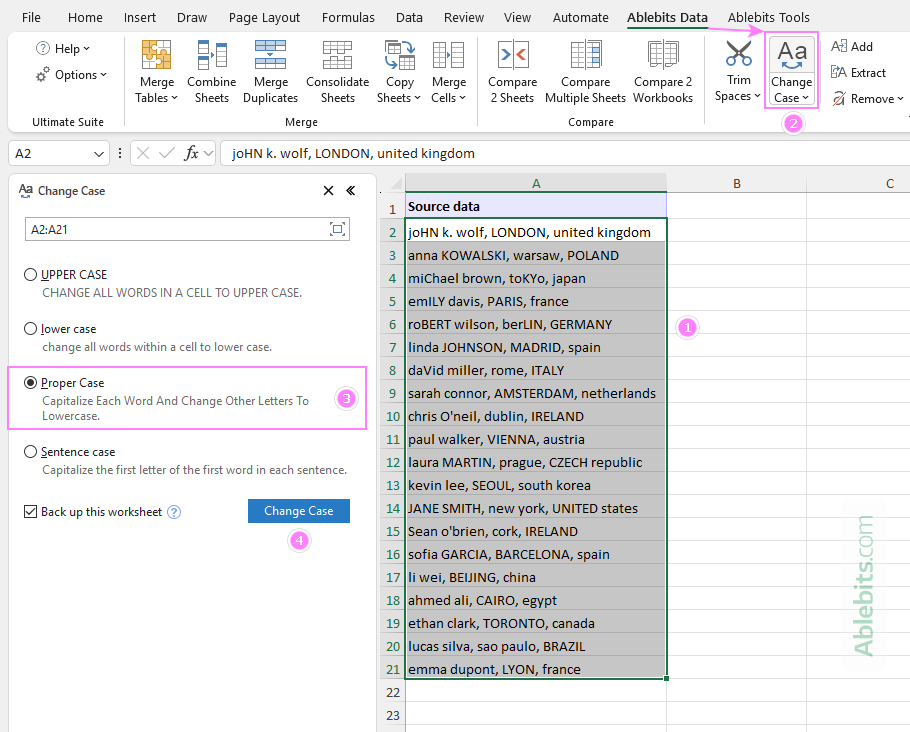 Change text case in Excel without formulas.