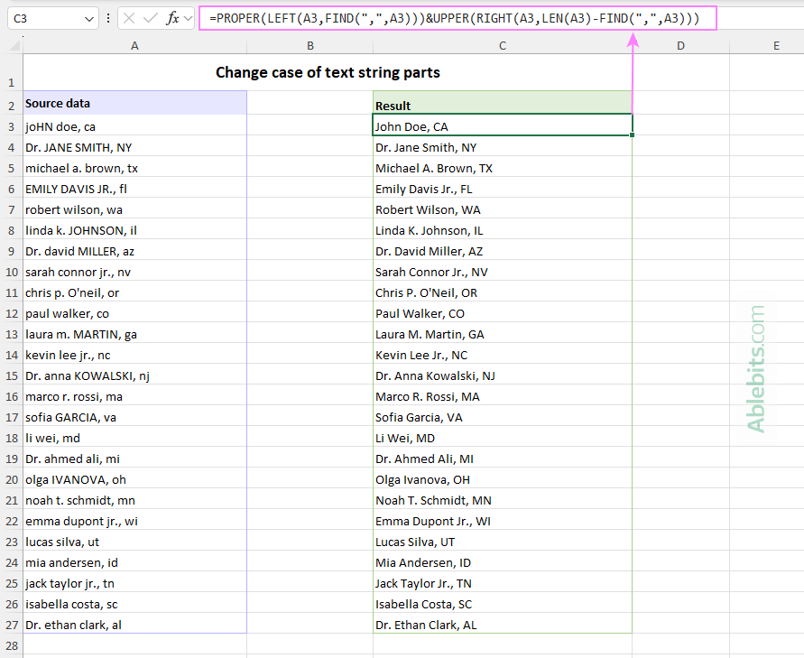 Change case of different text parts in Excel 365 - 2016.