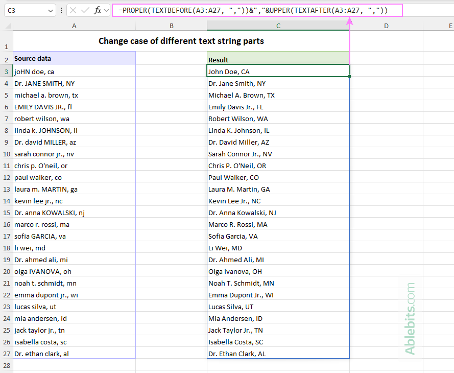 Change case of different parts of the text string in Excel 365.