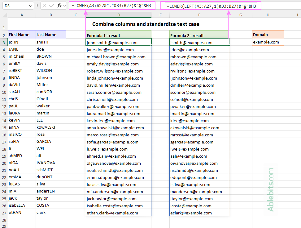 Combine columns and standardize text case at once.