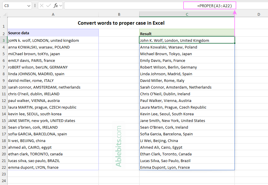 Convert words to proper case in Excel.