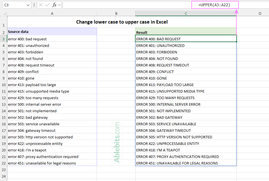 Change lower case to upper case in Excel.