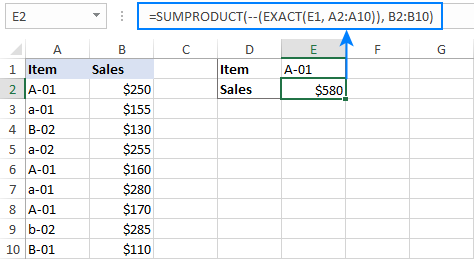 Case-sensitive Sum If formula in Excel