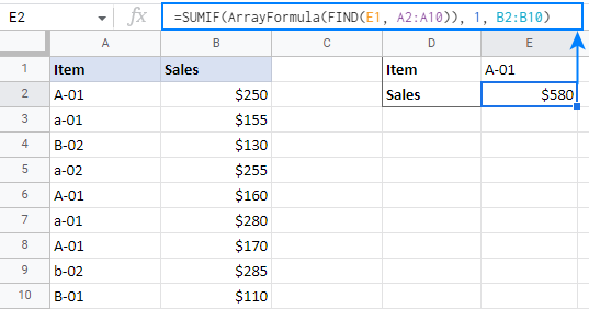 Case-sensitive SUMIF in Google Sheets