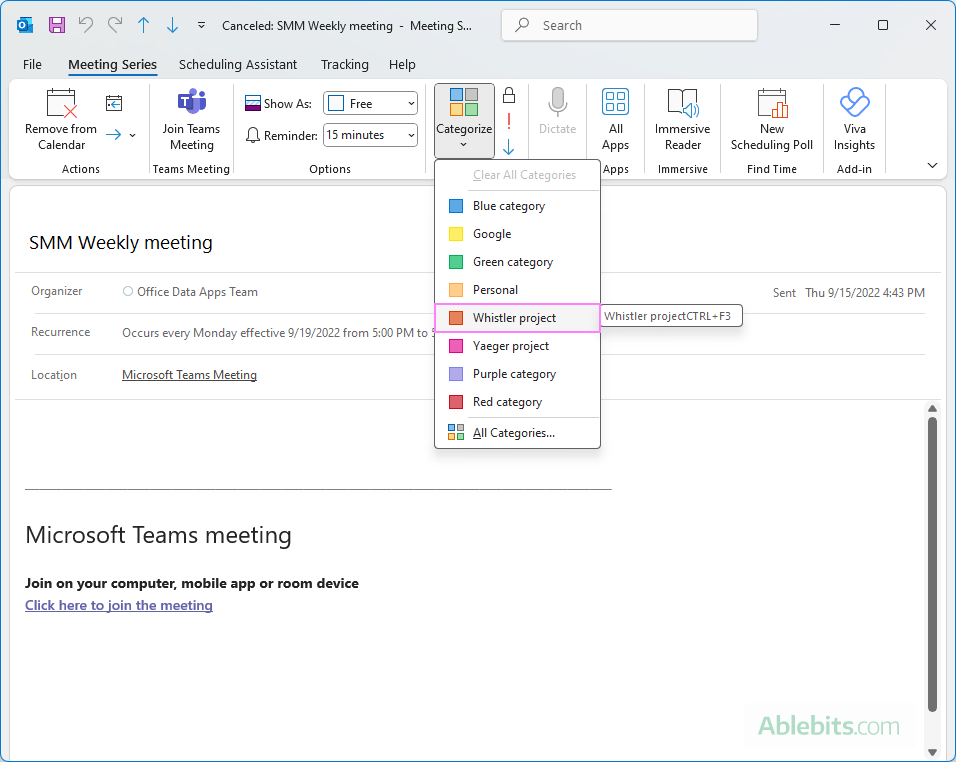 Assign a category to an open calendar item in the new Outlook.