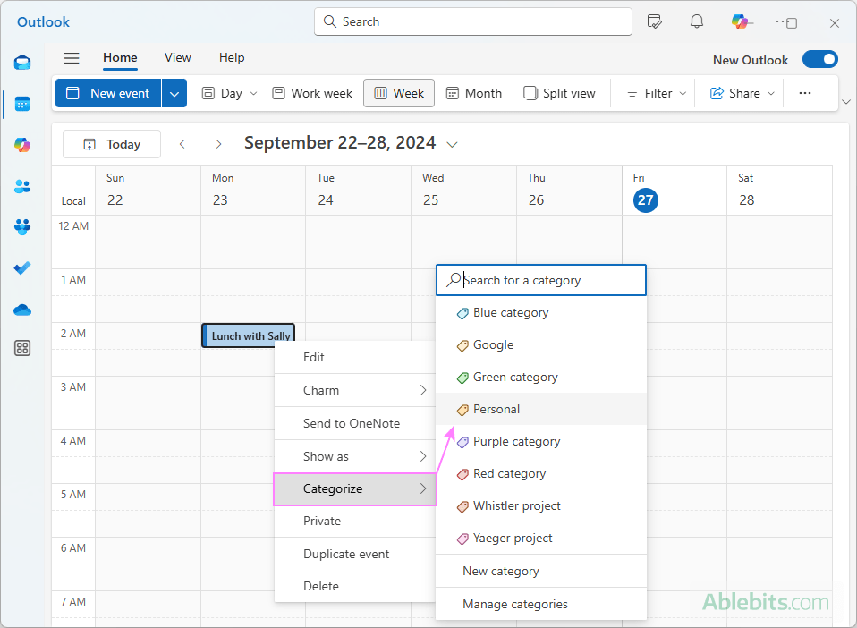 Apply a category to a meeting in the new Outlook.