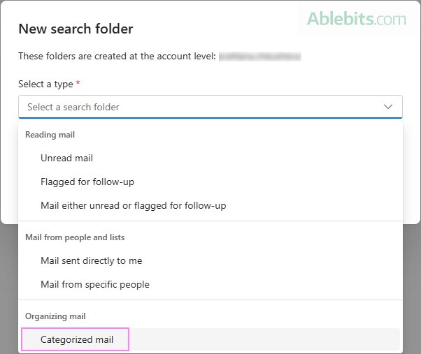 Create a search folder for categorized email.