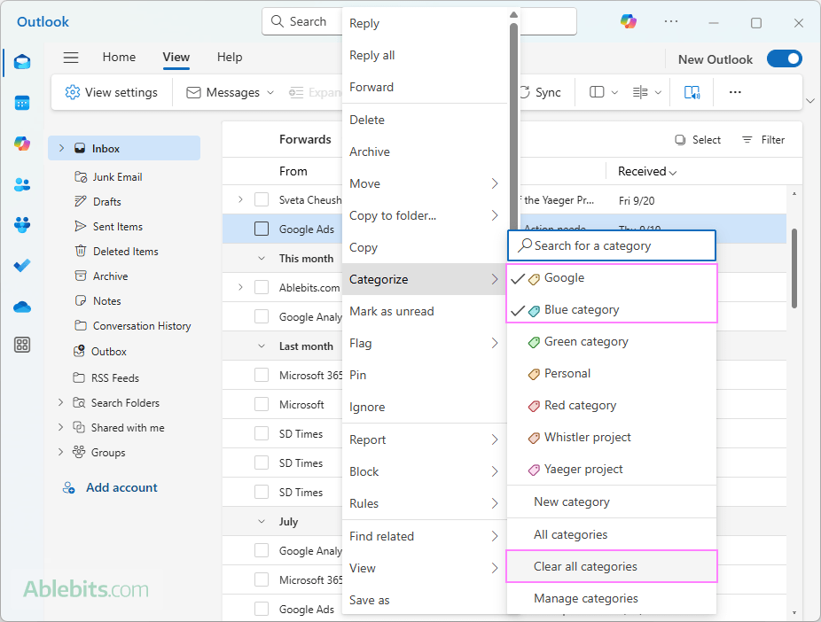 Clear categories in the new Outlook.