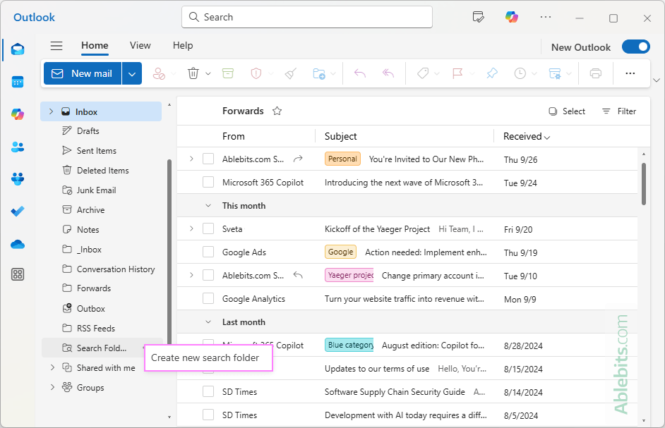 Create a new search folder in the new Outlook.