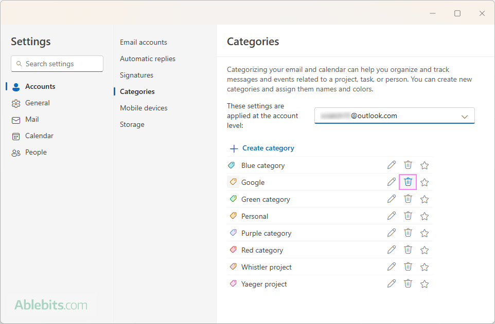 Delete a color category in the new Outlook.