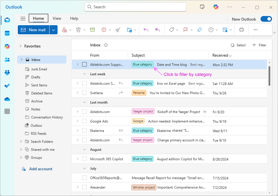 Filter emails by category in the new Outlook.