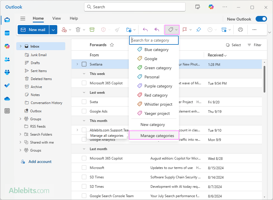 Access color categories via the new Outlook ribbon.