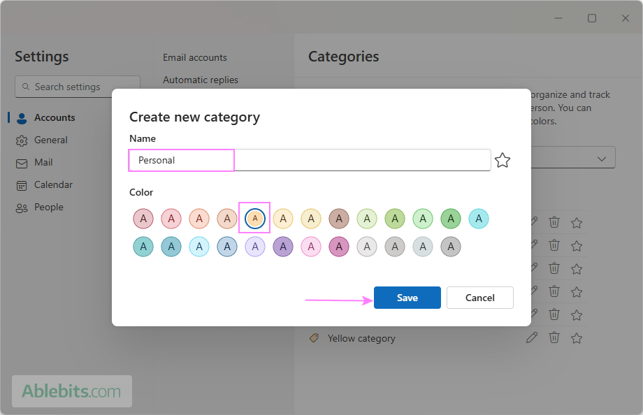 Set up a custom category in the new Outlook.