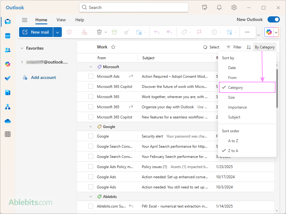 Sort emails by category in the new Outlook.