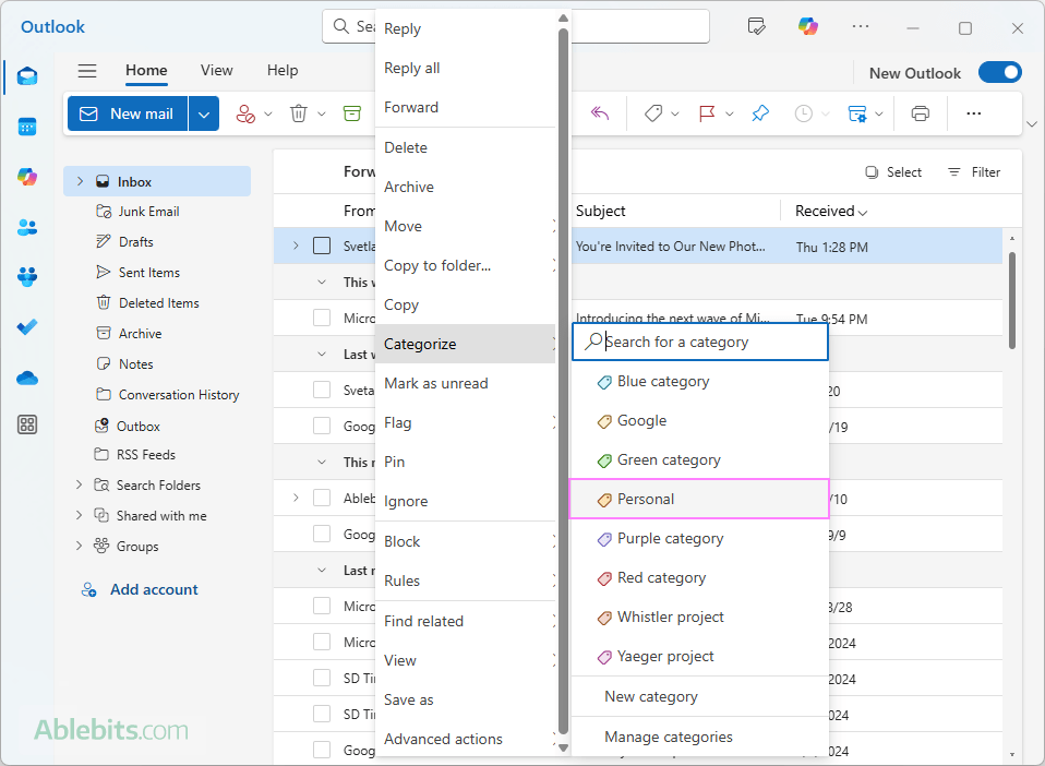 Assign a color category to an email in the new Outlook.