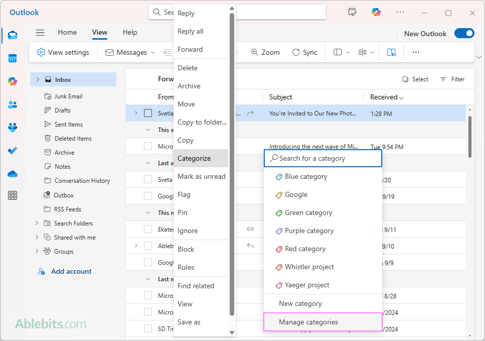 View color categories in the new Outlook.