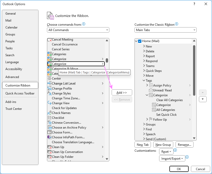 Add the Categorize command to the Outlook ribbon.