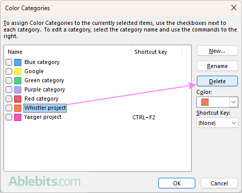 Delete a color category in Outlook.