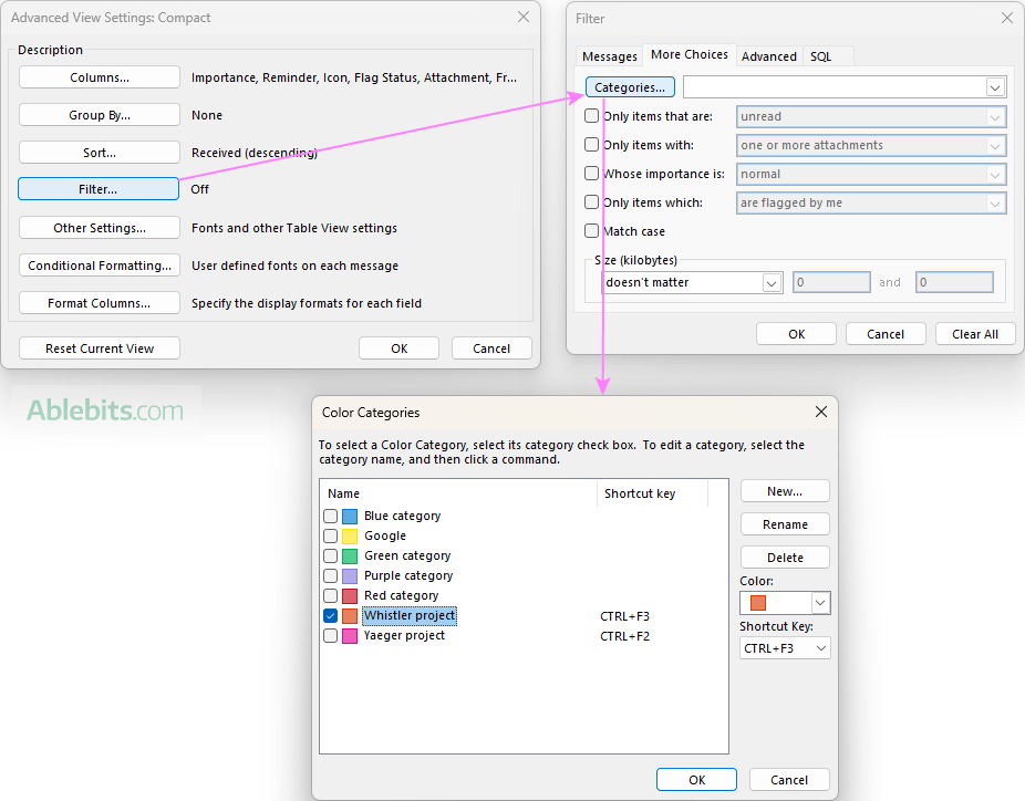 Filter by category in Outlook.