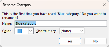 When using a color category for the first time, Outlook will prompt you to rename it.