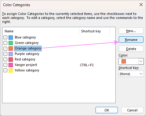 Rename a color category in Outlook.