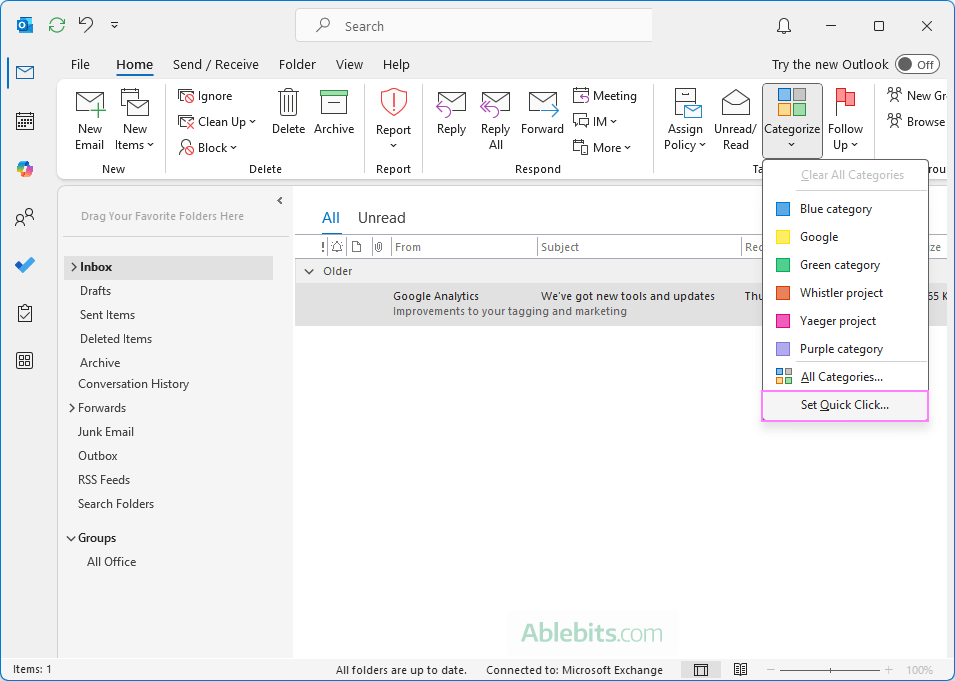 Set Quick Click in Outlook.