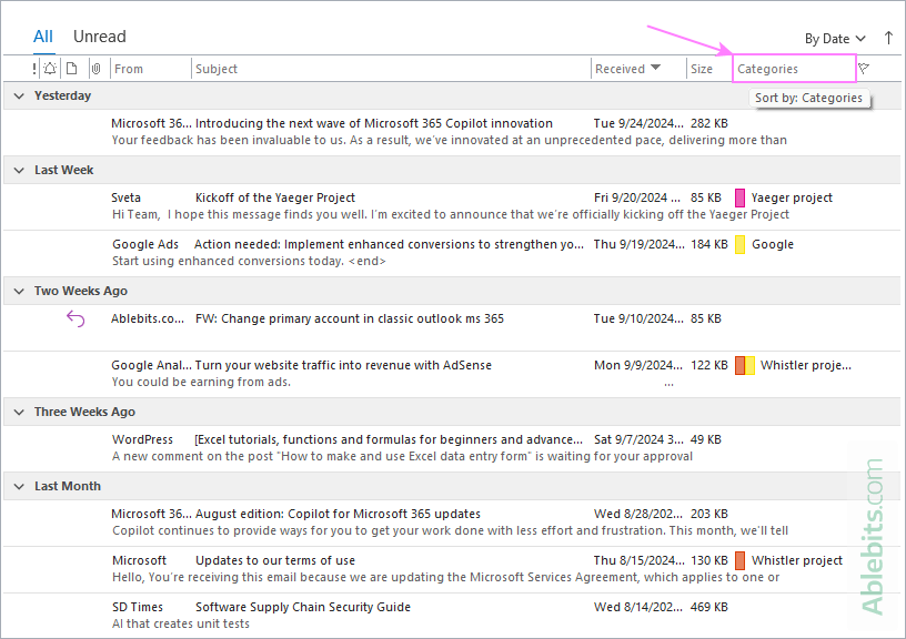 Sort emails by category in Outlook.