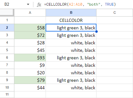 Google Sheets custom functions to count colored cells: CELLCOLOR