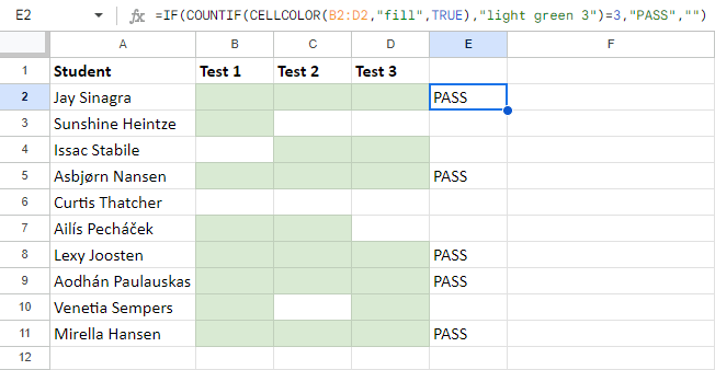 Check colors of all cells in a row and return 'PASS' if they are green.