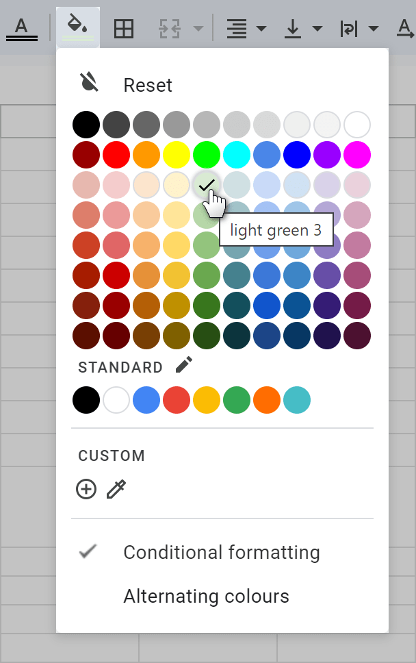 Check the cell color in a Google Sheets color palette.