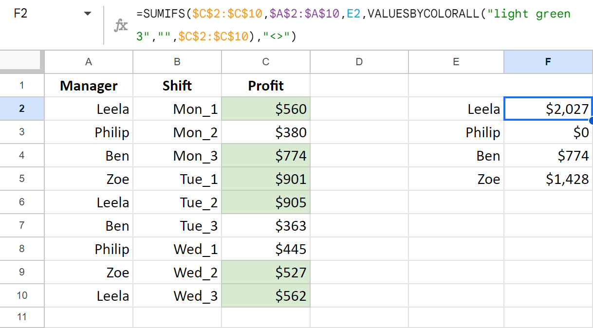 Google Sheets: sum cells by color and values.
