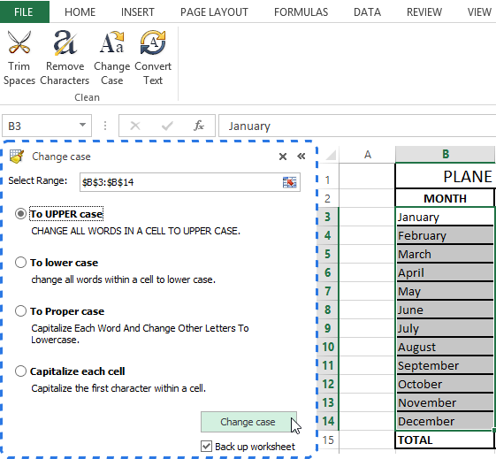 Select the necessary radio button to change the case of text in your Excel table