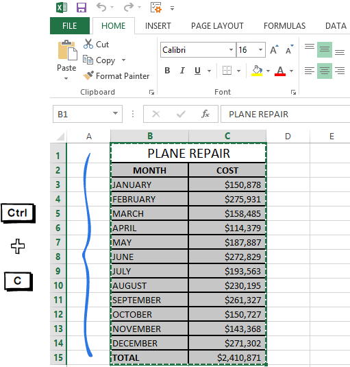 Click Copy or press Ctrl + C to copy the table from Excel to Word.