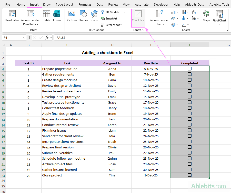 Add a checkbox in Excel.