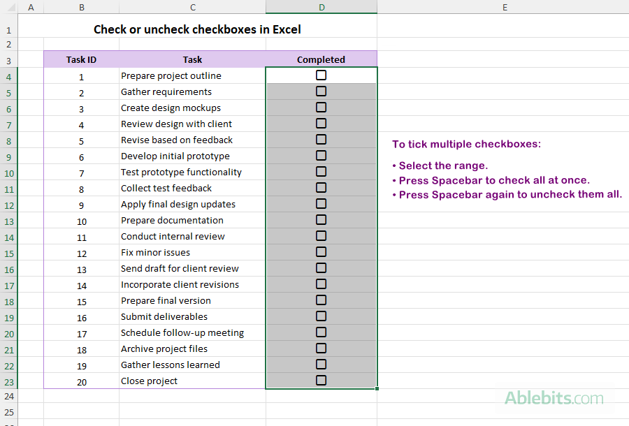 Tick or multiple checkboxes in a go.