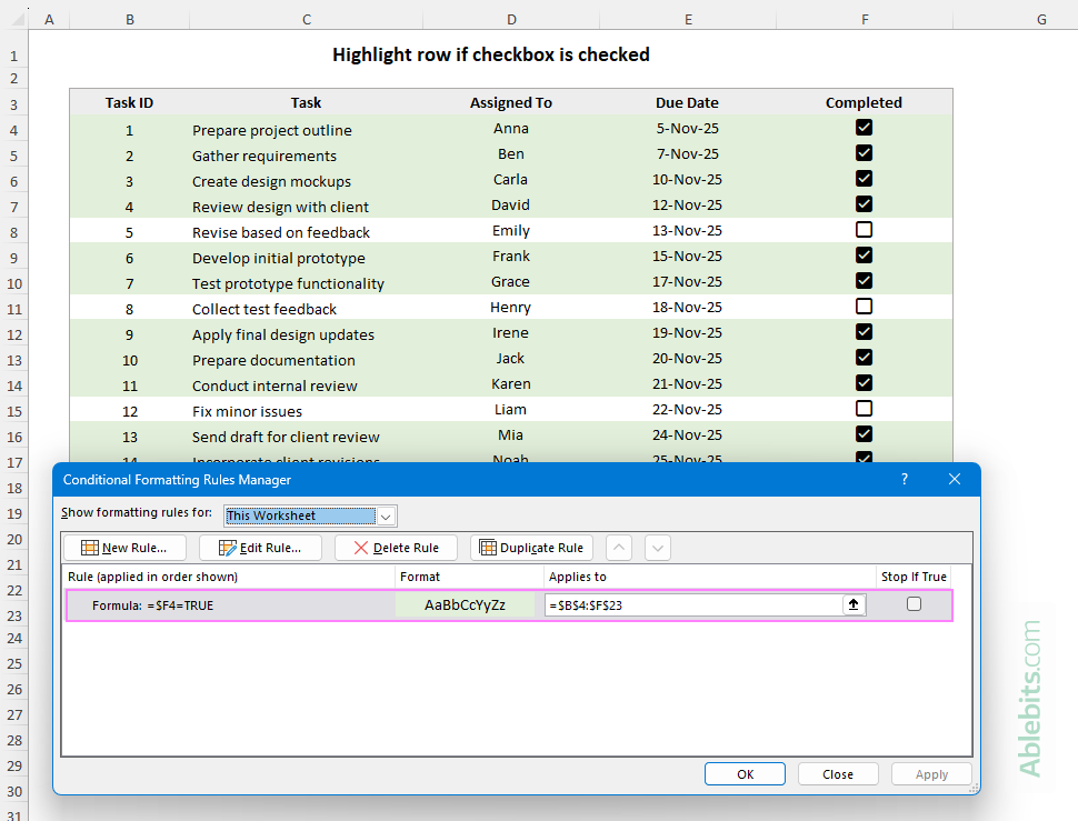 Highlight a row if a checkbox is checked in Excel.