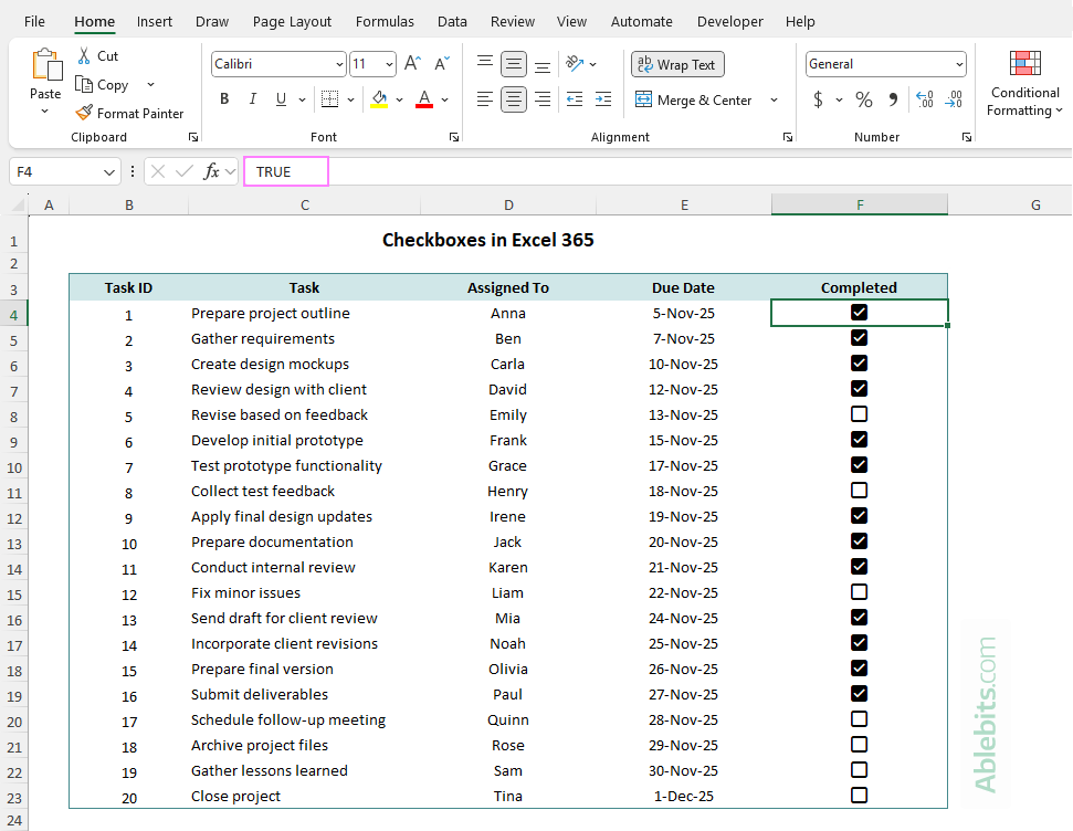 Using in-cell checkboxes in Excel 365.